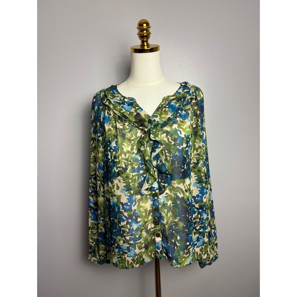 Jones New‎ York Blouse Women PL Green Blue Excellent Ruffle Watercolor Floral